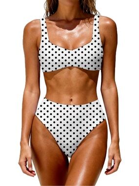 Classic Polka Dot High-Waist Bikini Set - White/Black